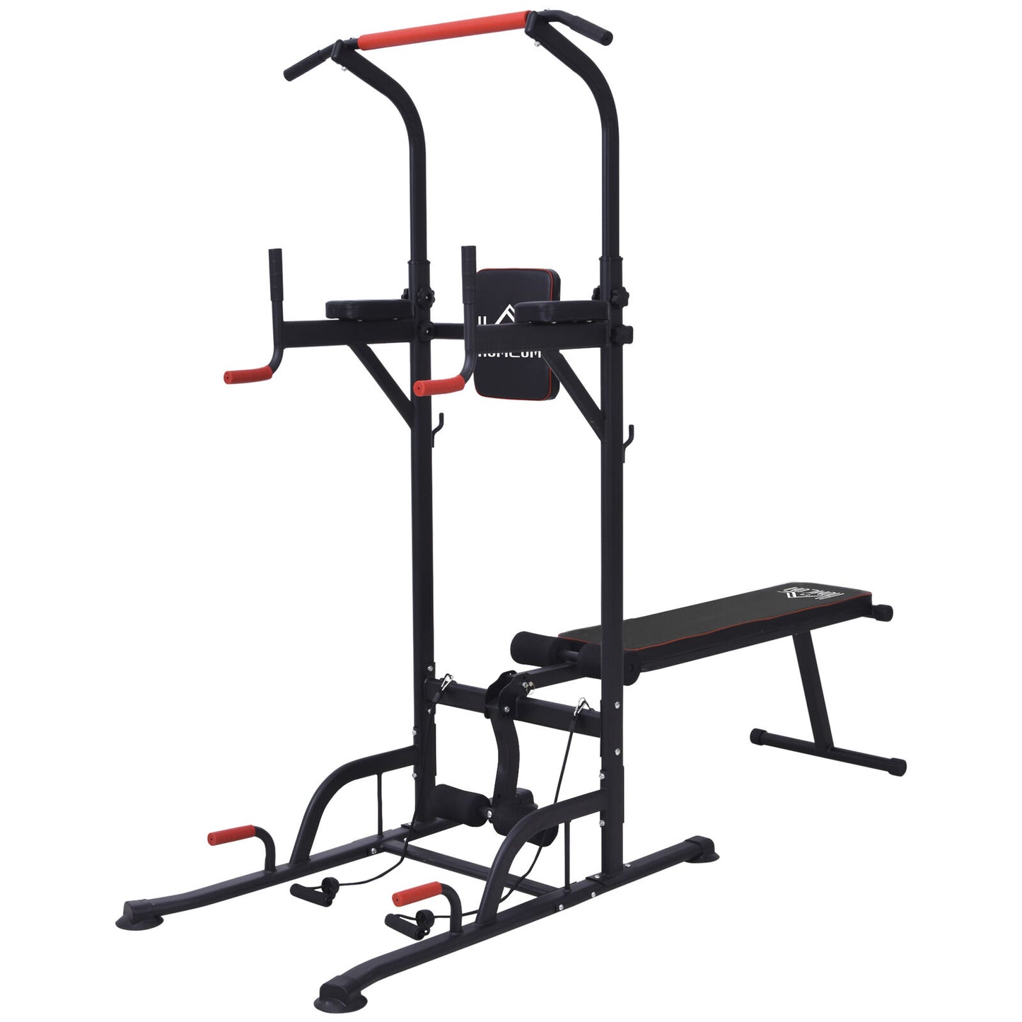 Home Workout Power Tower Dip Station W/ Sit-Up Bench Push-Up Bars Tension Ropes