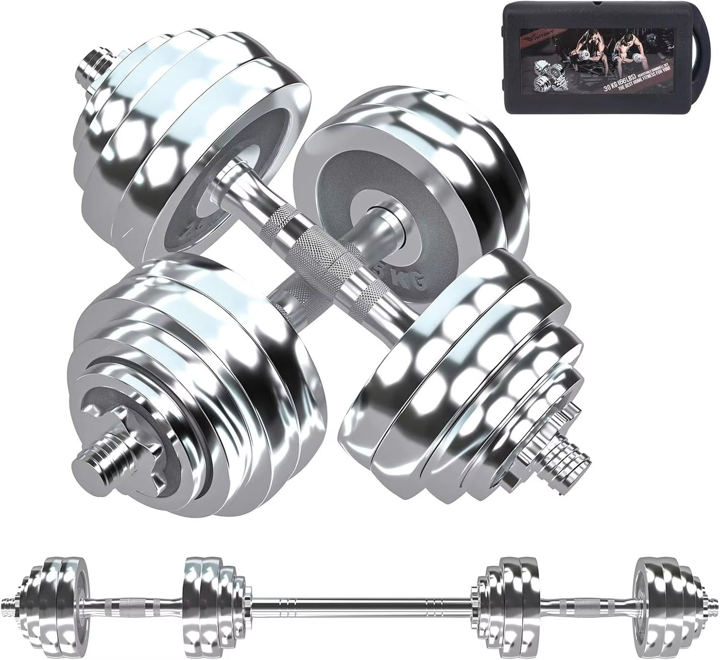 Fitness Dumbbells Set, Adjustable Weight Sets up to 44/66 Lbs, with Metal Connecting Rod Used as Barbell, Chromed Weig