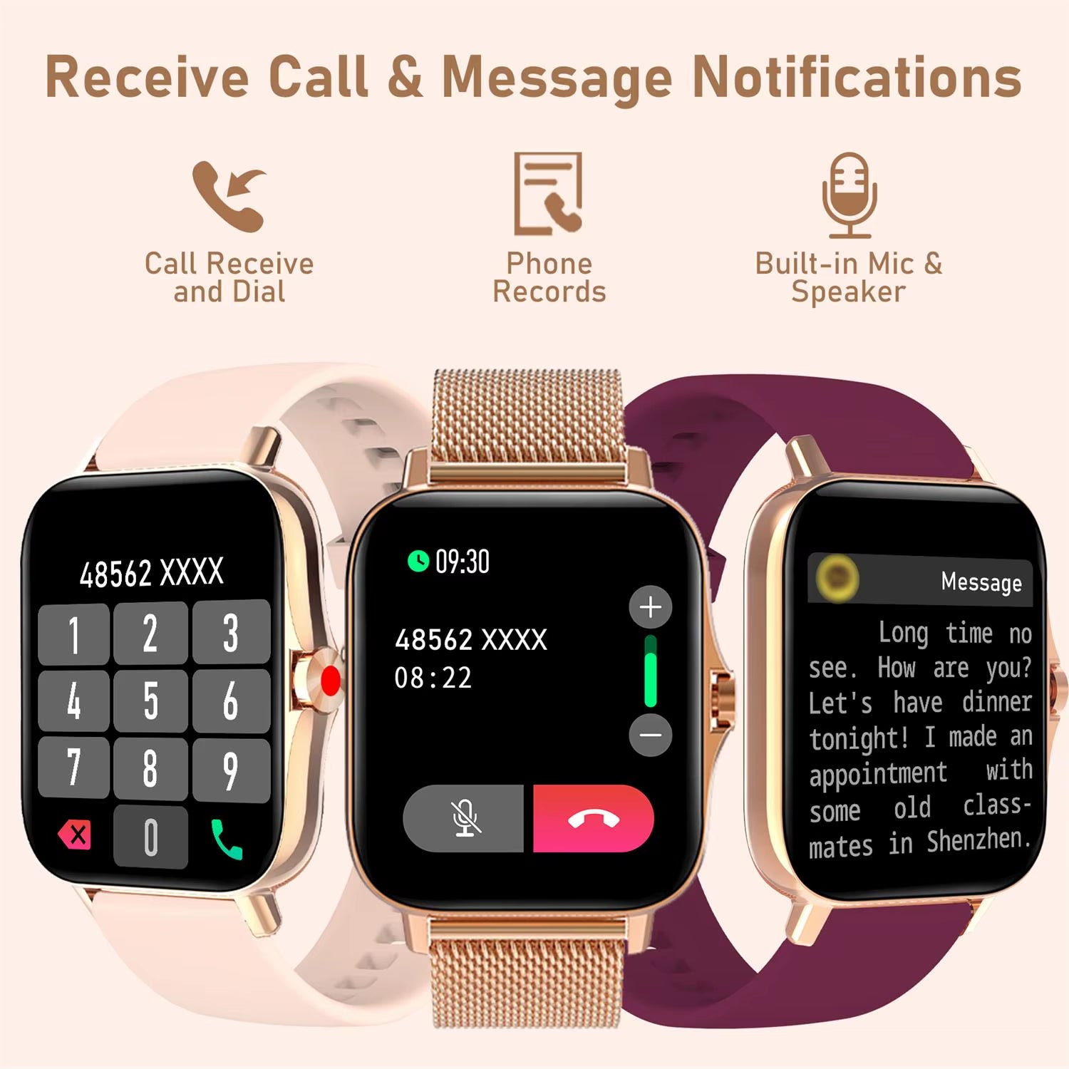 Ladies' Smartwatch, 1.69-Inch High-Definition Display Wireless Calling Fitness Tracker Sleep Monitoring Pedometer Calorie 100+Ex