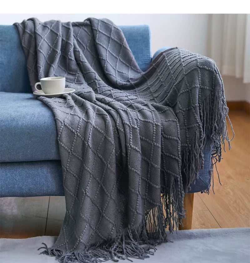 Inya Luxury Knitted Blankets Throw Fringes Warm Soft Weighted Blanket for Bed Fleece Plaid Knitted Throw Blanket for Farmhouse