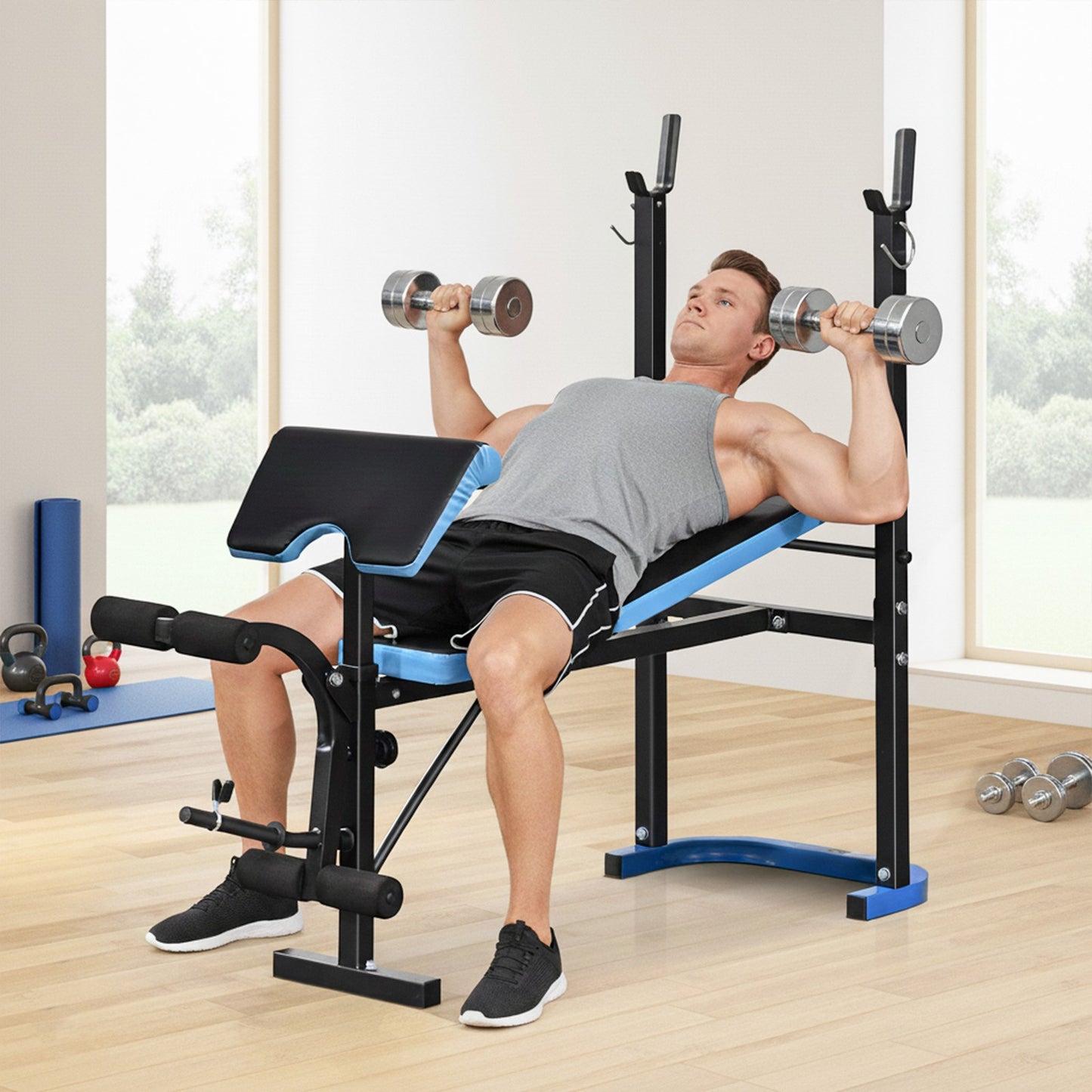 Adjustable Weight Bench with Leg Developer Barbell Rack for Home Gym Fitness