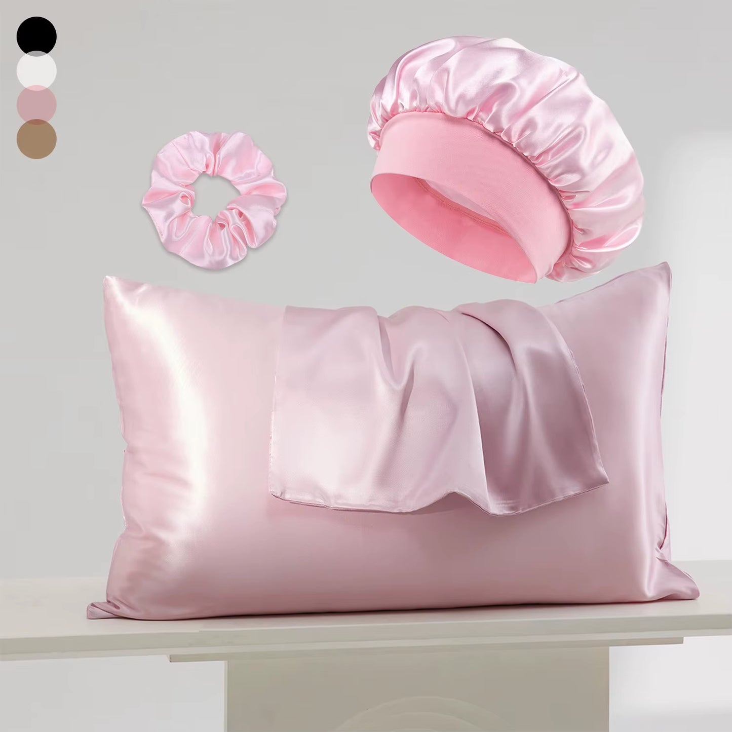 Luxury 4PCS/LOT 2 Pillowcase Hair Scrunchie Night Hat Set Fashion Imitation Silk Satin Pillowcase Sleep Set Tool Silkly Cap