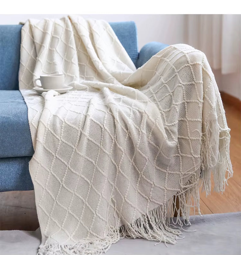 Inya Luxury Knitted Blankets Throw Fringes Warm Soft Weighted Blanket for Bed Fleece Plaid Knitted Throw Blanket for Farmhouse