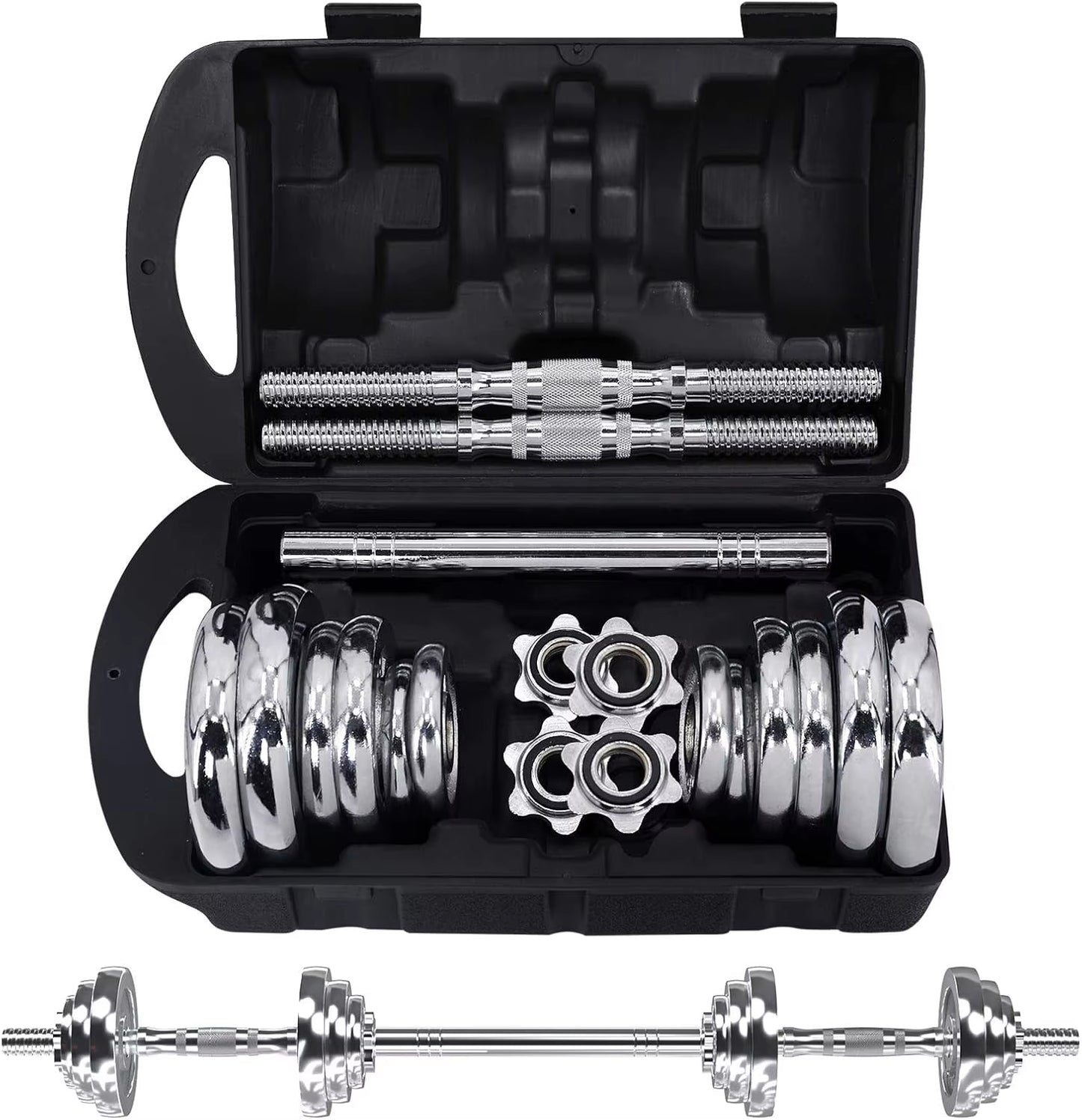 Fitness Dumbbells Set, Adjustable Weight Sets up to 44/66 Lbs, with Metal Connecting Rod Used as Barbell, Chromed Weig