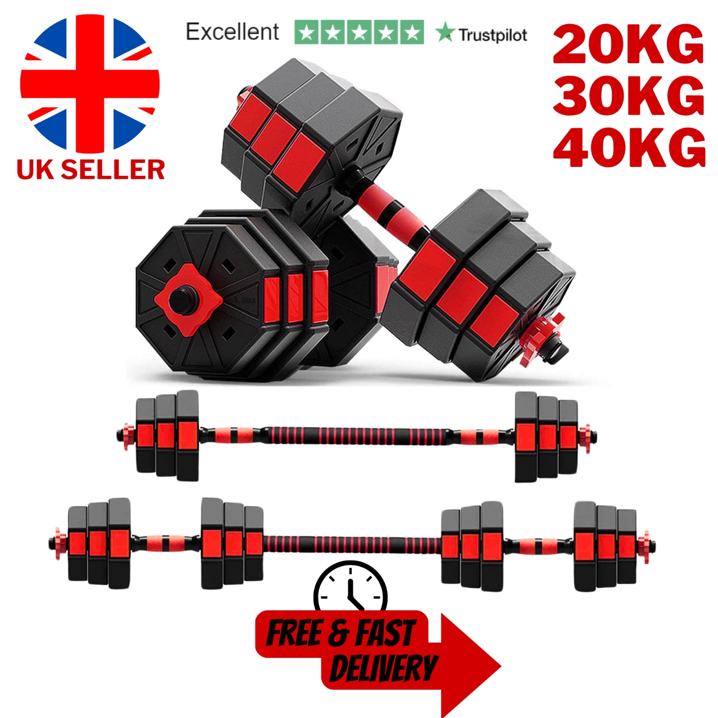 Exersci Adjustable Dumbbell Hex Premium Set 20Kg - 40Kg Kettlebell Option