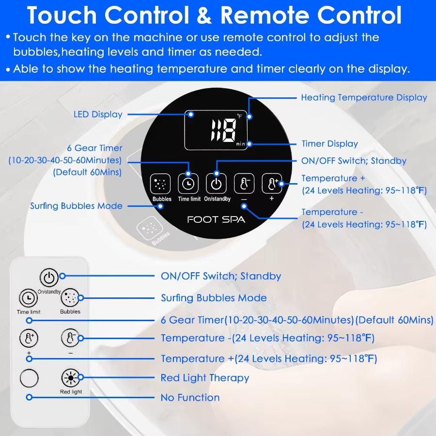 Collapsible Foot Spa Massager Electric Foldable Foot Soaker Tub with Remote Control Handle Surfing Bubbles 24 Heating Levels 6