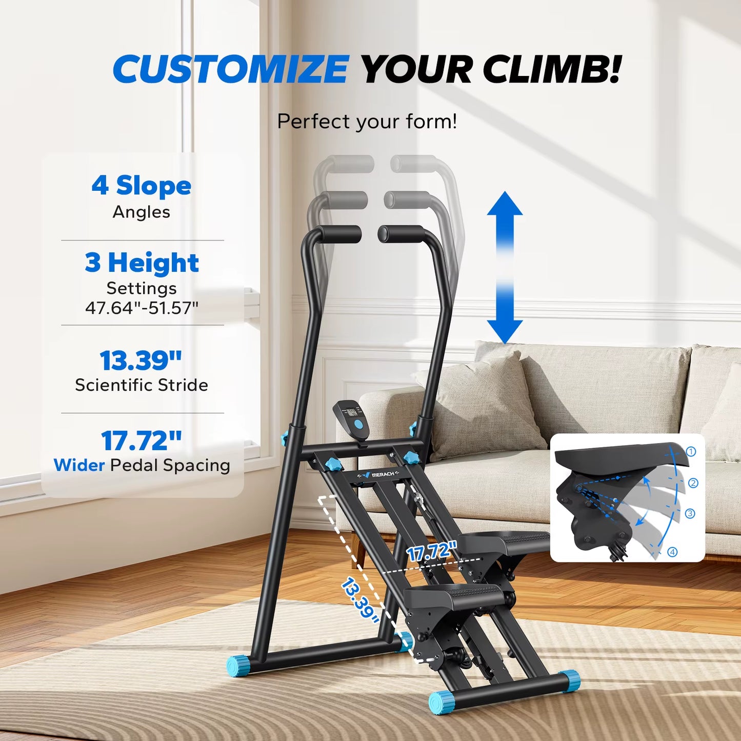 Stair Stepper New Version Vertical Compact Folding Exercise Climber with Extended Step Range Adjustable Handlebar&Pedals