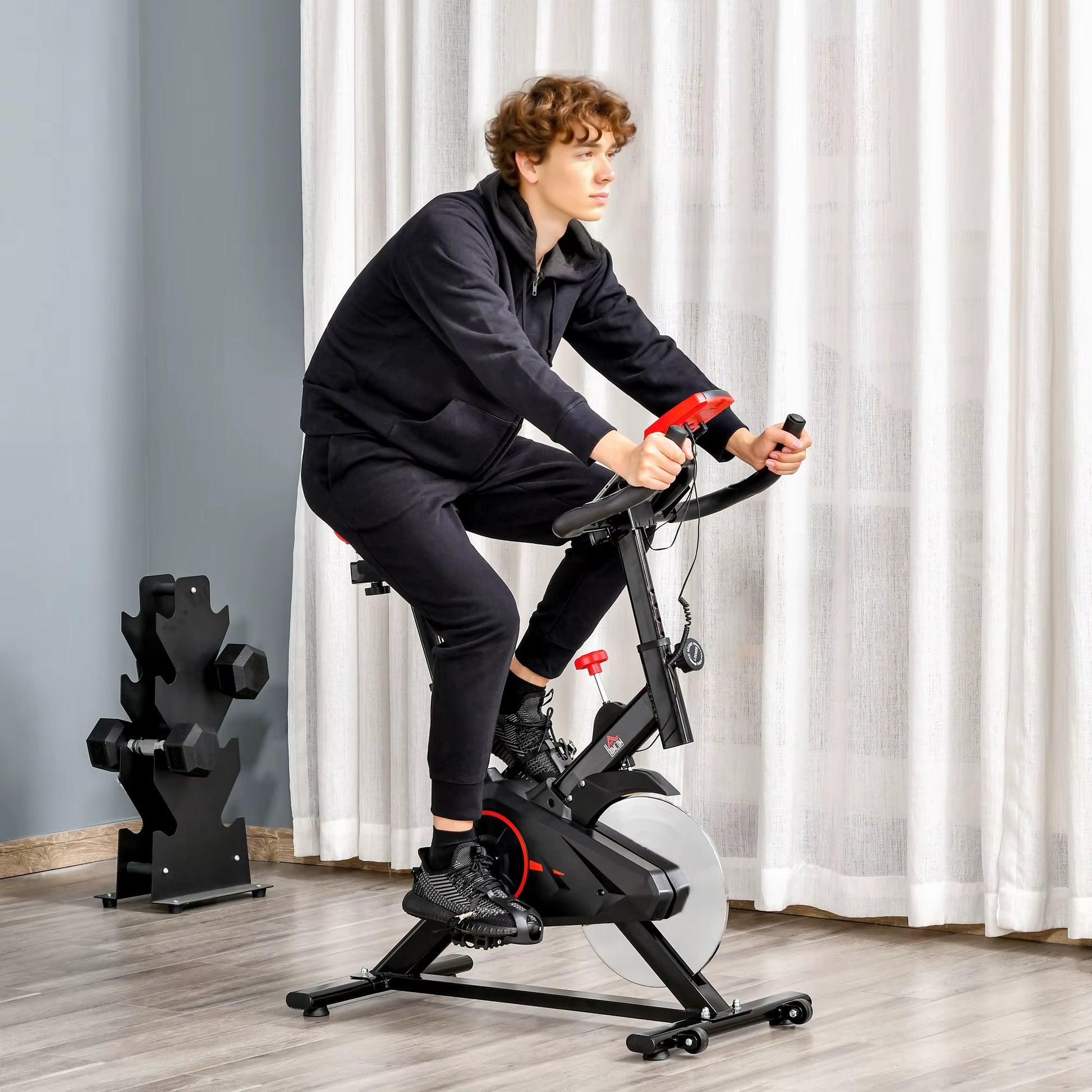 Indoor Exercise Bike, Stationary Bike, Cycling Machine with Adjustable Seat, Resistance, Handlebar, LCD Display