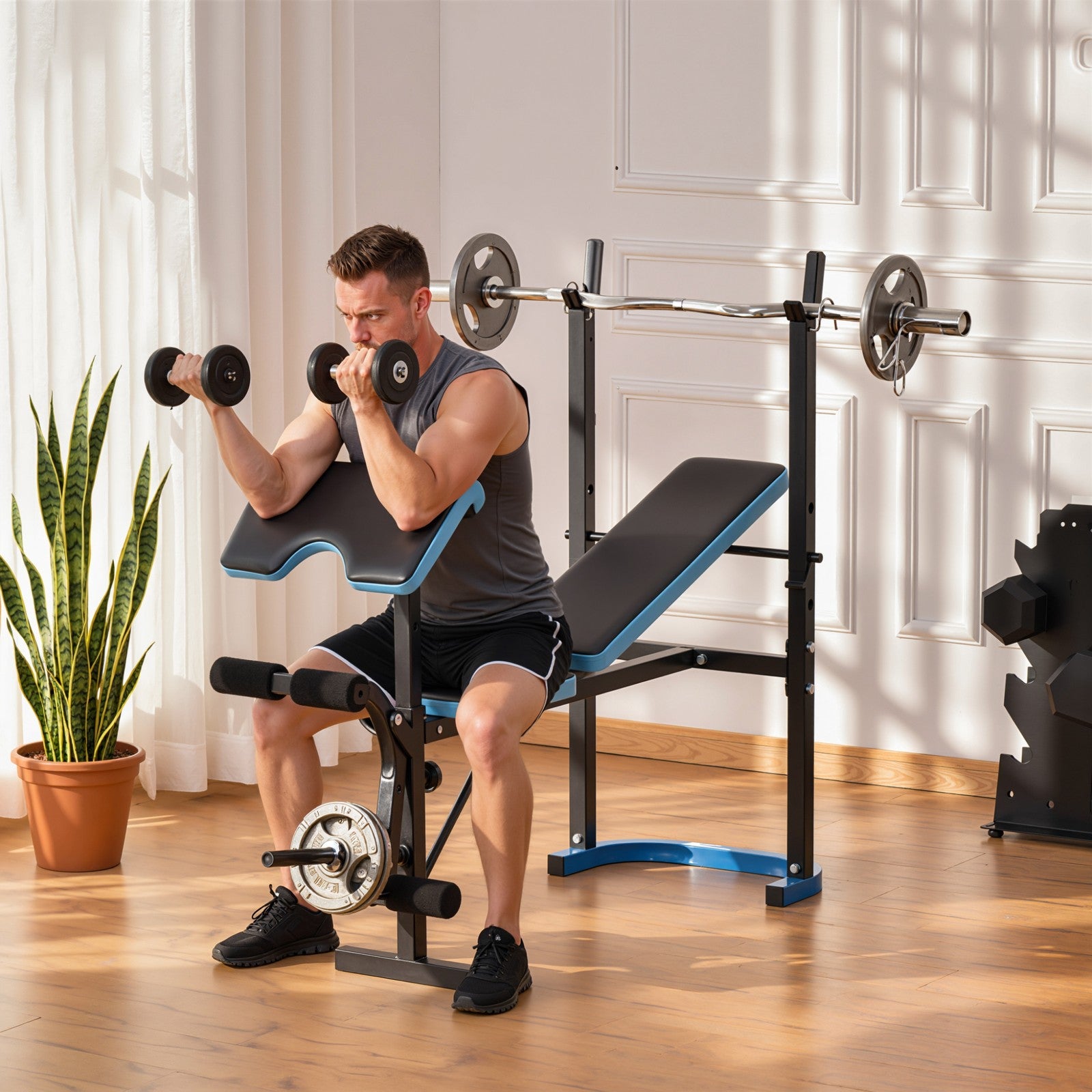 Adjustable Weight Bench with Leg Developer Barbell Rack for Home Gym Fitness