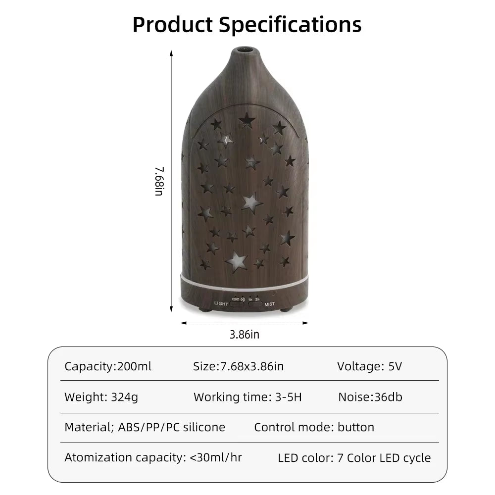 Star Hollow Diffuser 7 Color LED Lights, Ultra Quiet, Auto Shutoff for Home & Office