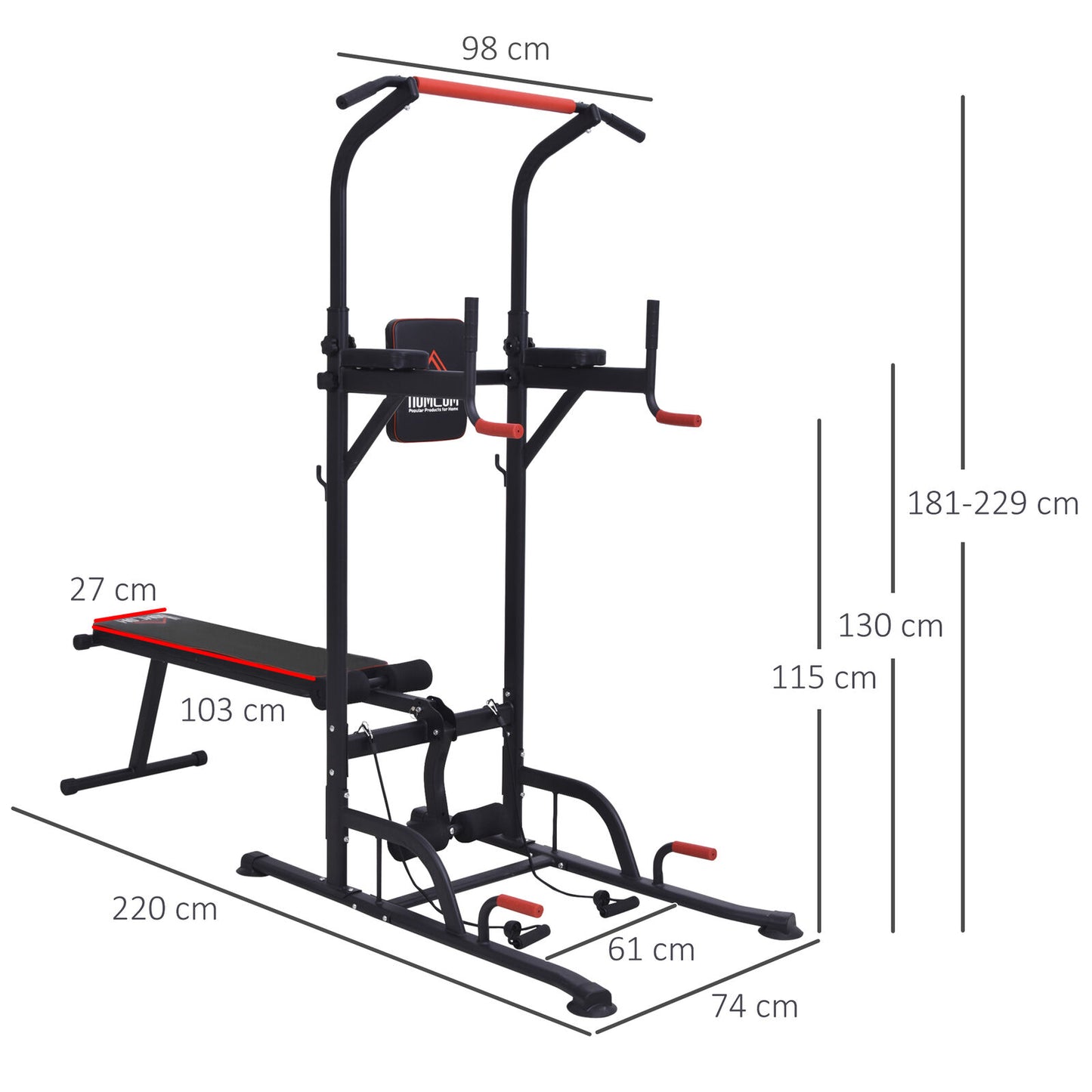 Home Workout Power Tower Dip Station W/ Sit-Up Bench Push-Up Bars Tension Ropes