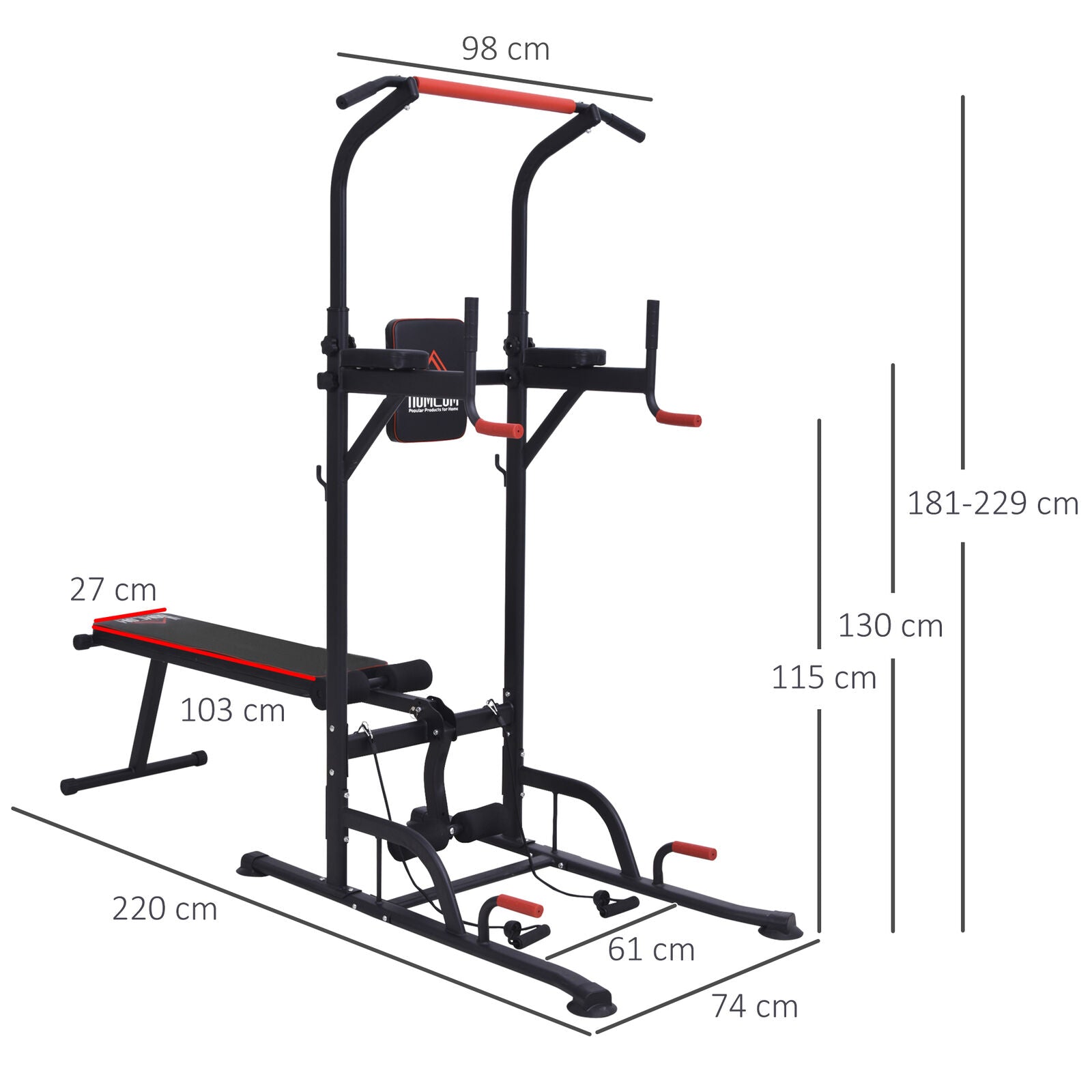 Home Workout Power Tower Dip Station W/ Sit-Up Bench Push-Up Bars Tension Ropes