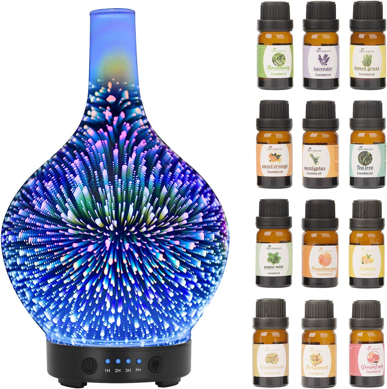 3D Glass Essential Oil Diffuser – 120ml Aroma Mist Humidifier with Color LED Lights