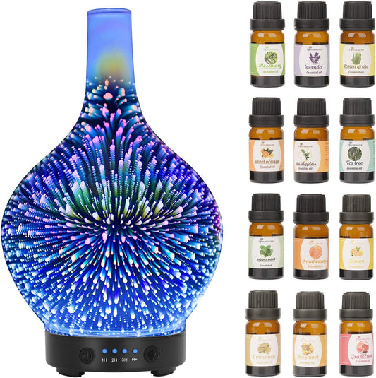 3D Glass Essential Oil Diffuser – 120ml Aroma Mist Humidifier with Color LED Lights