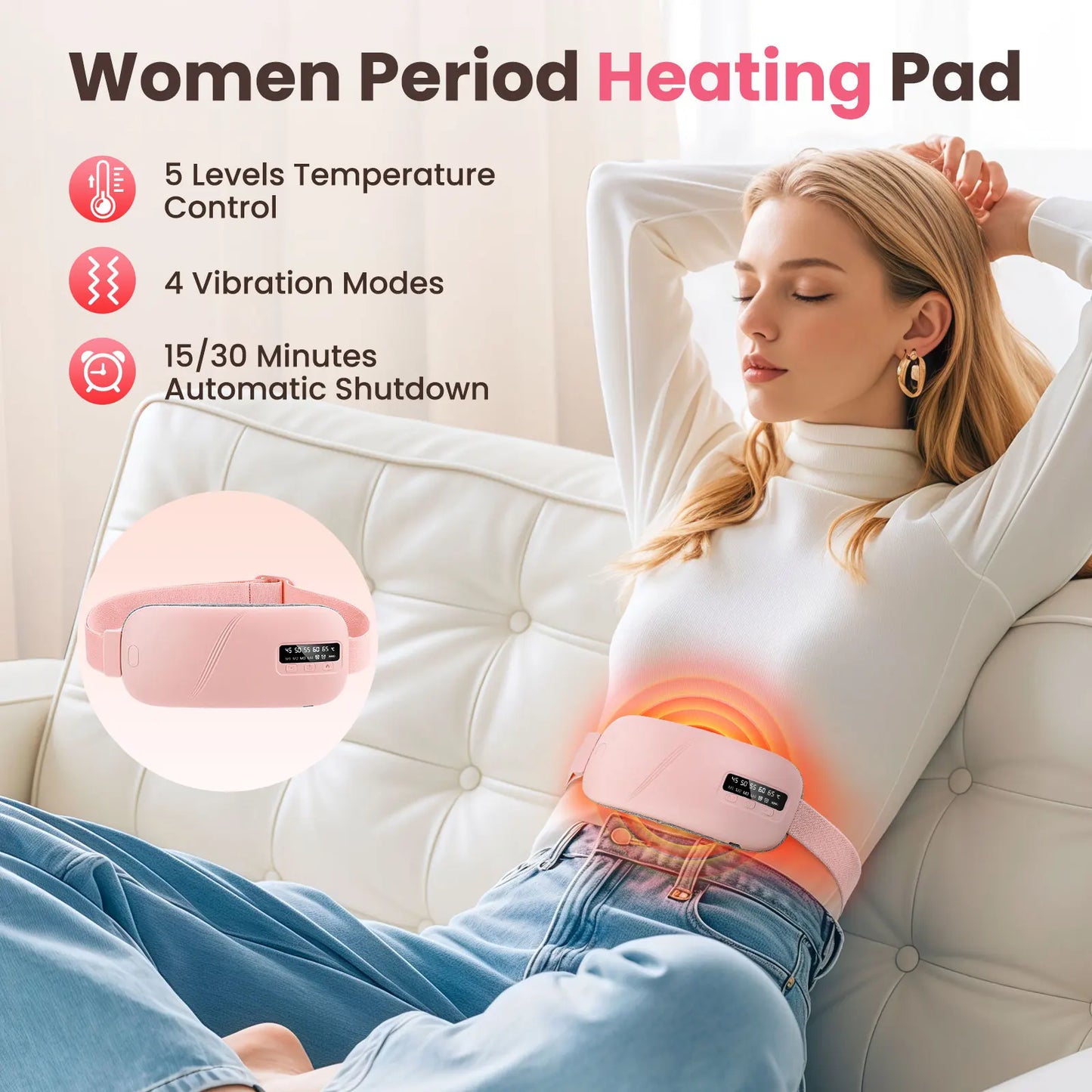 Electric Massager for Menstrual Cramps Abdomen Waist Heating Pad Women Period Relief Device Uterus Warmer Belt USB Rechargeable
