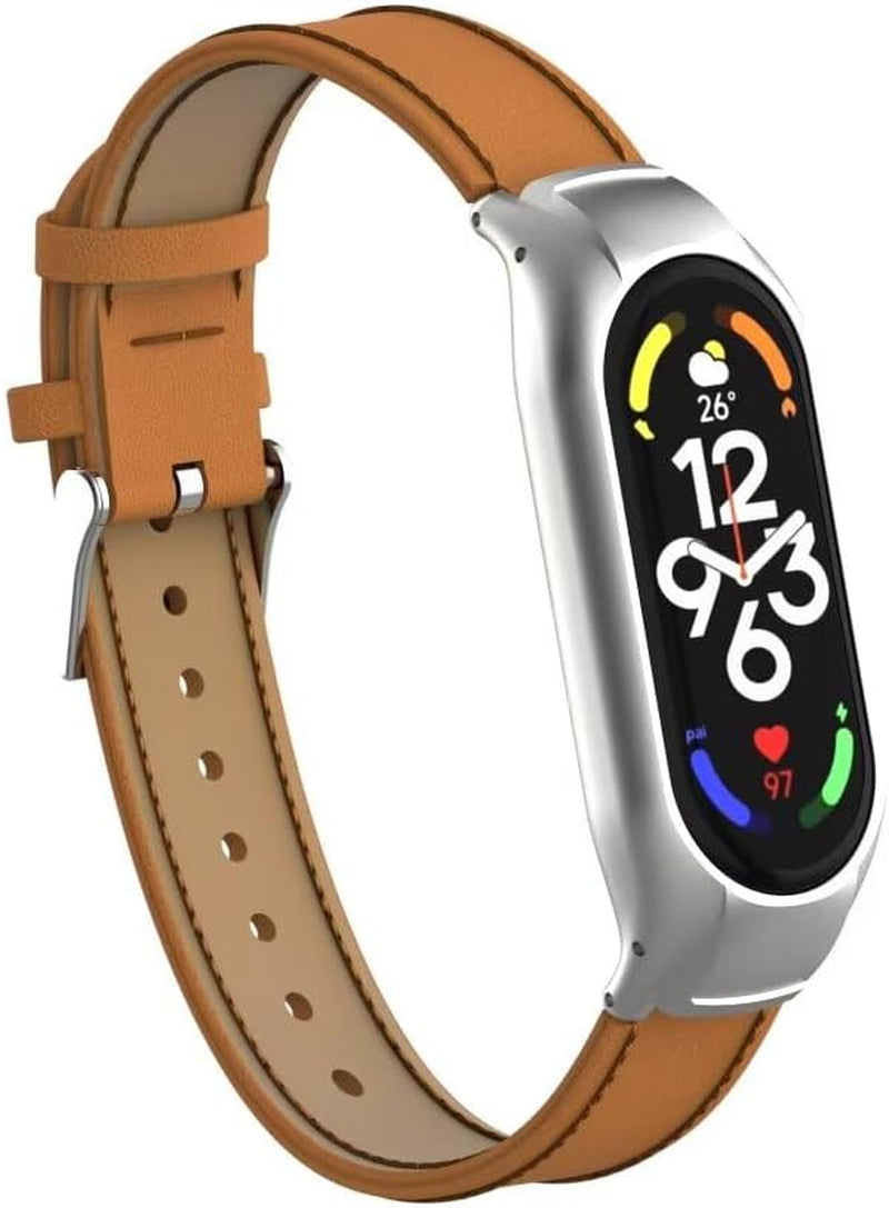 Compatible with Xiaomi Mi Band 7 Strap,Leather Replacement Band Wristband Accessories with Metal Frame for Xiaomi Mi Band 7 Smart Bracelet
