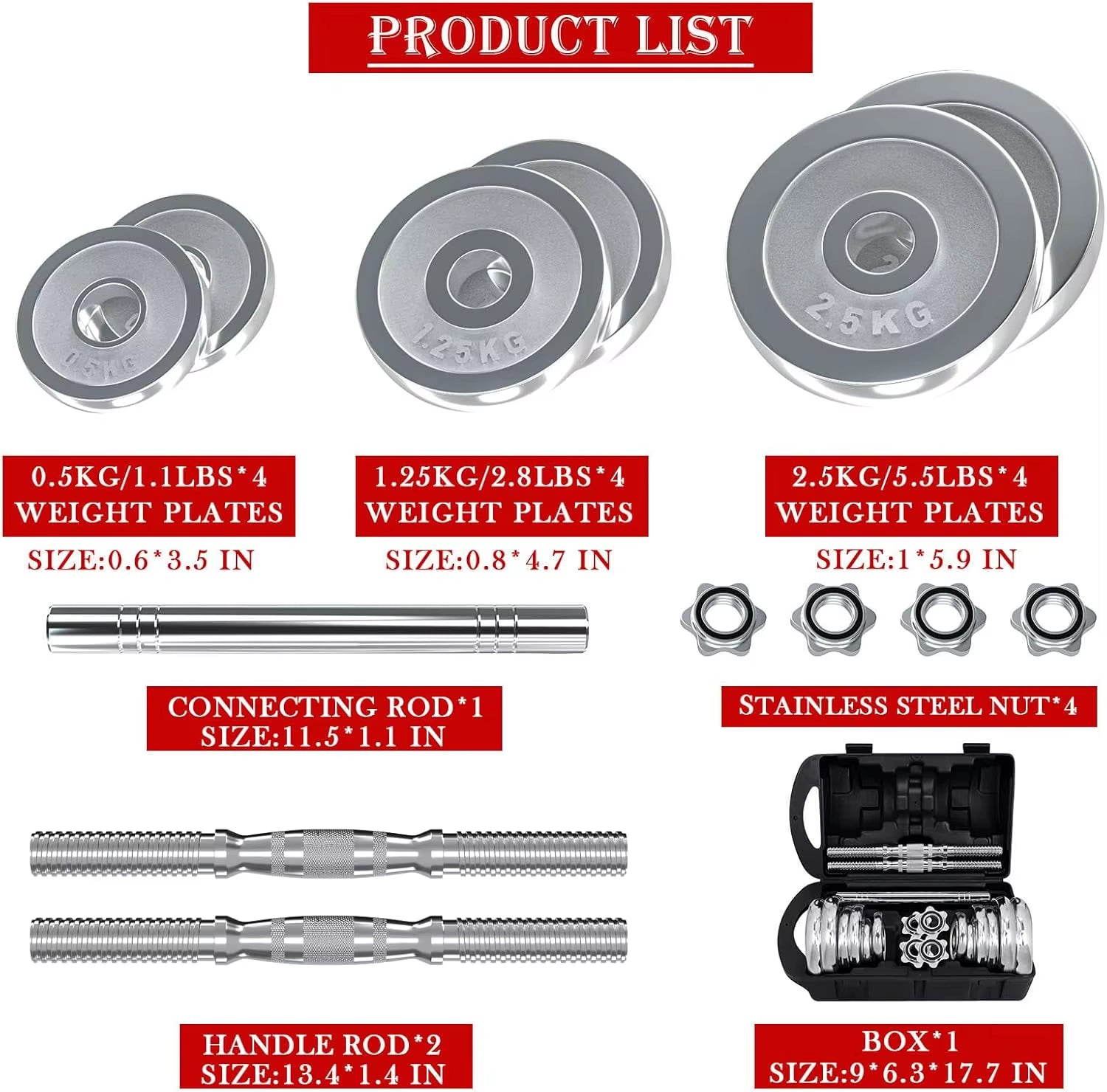 Fitness Dumbbells Set, Adjustable Weight Sets up to 44/66 Lbs, with Metal Connecting Rod Used as Barbell, Chromed Weig