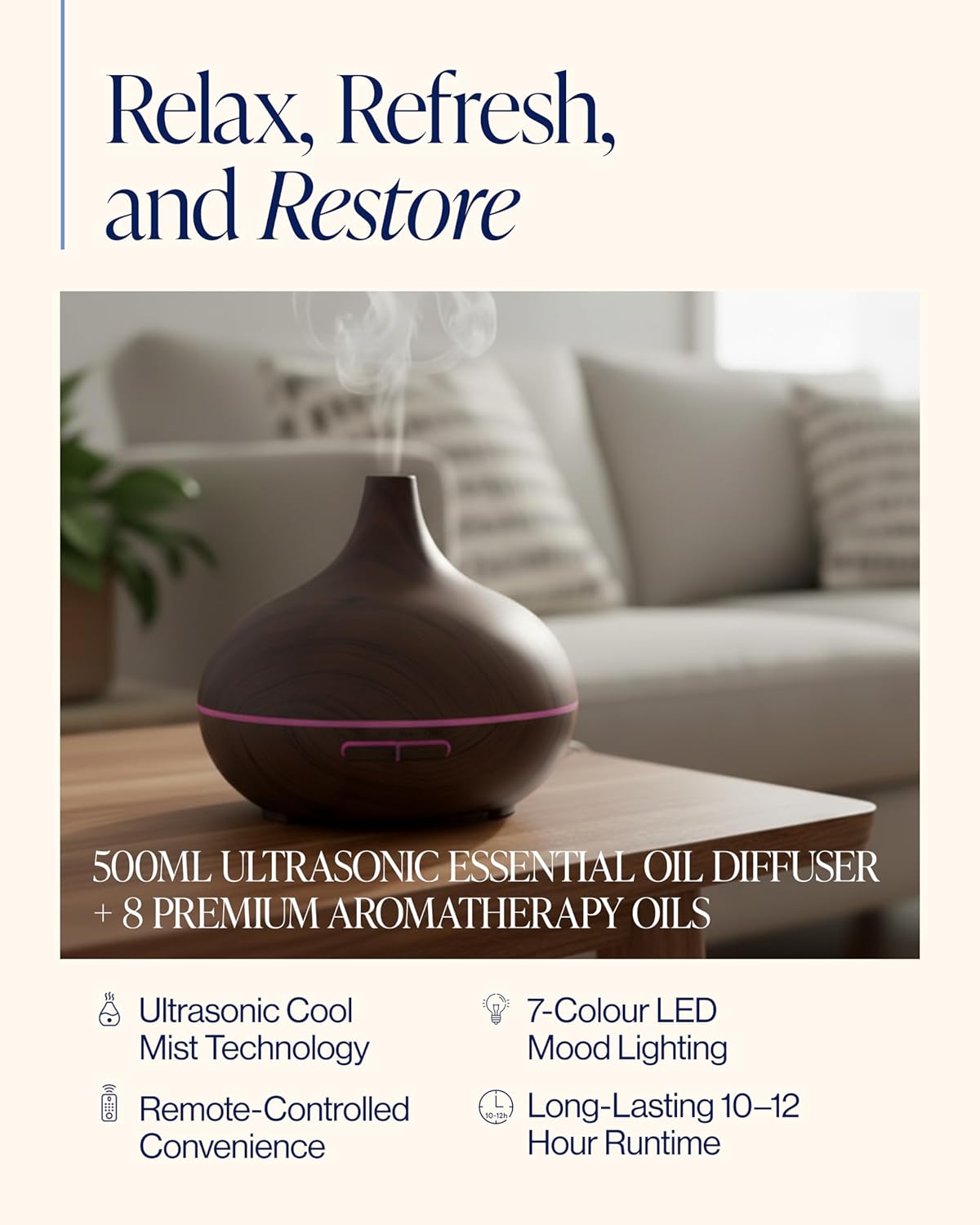 500ML Essential Oil Diffuser + 8 Premium Oils – Ultrasonic Cool Mist Aroma & Relaxation