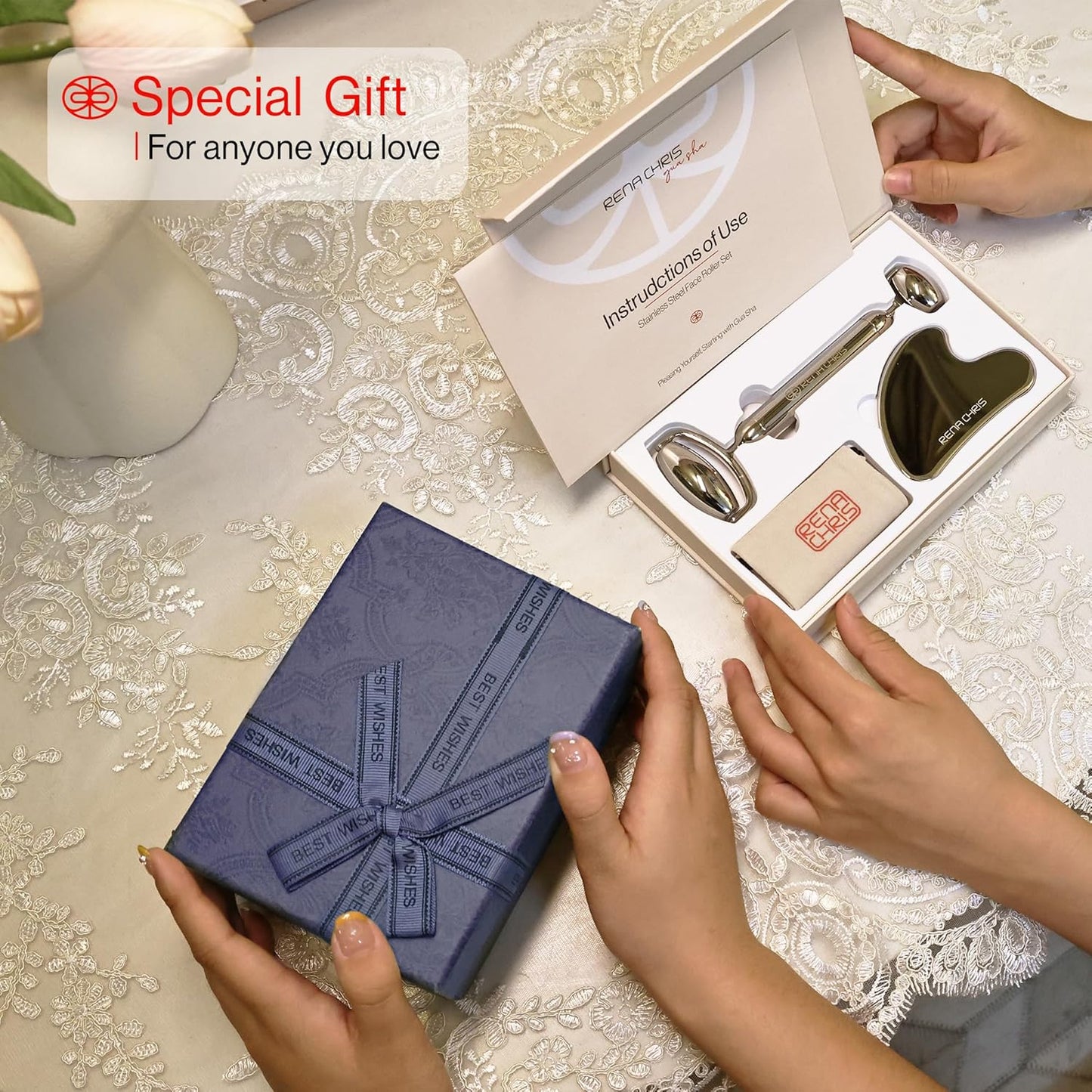 Gua Sha, Anti-Breakage Stainless Steel Face Roller and Gua Sha Set for Long-Lasting Use, Jawline Sculpting and Puffiness Reducing, Ideal for Gift and Self Care (Silver)