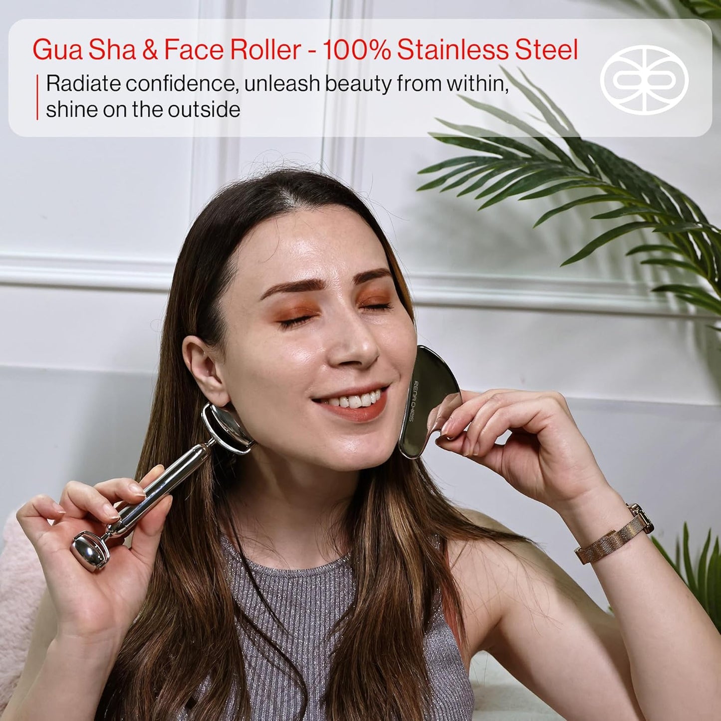 Gua Sha, Anti-Breakage Stainless Steel Face Roller and Gua Sha Set for Long-Lasting Use, Jawline Sculpting and Puffiness Reducing, Ideal for Gift and Self Care (Silver)