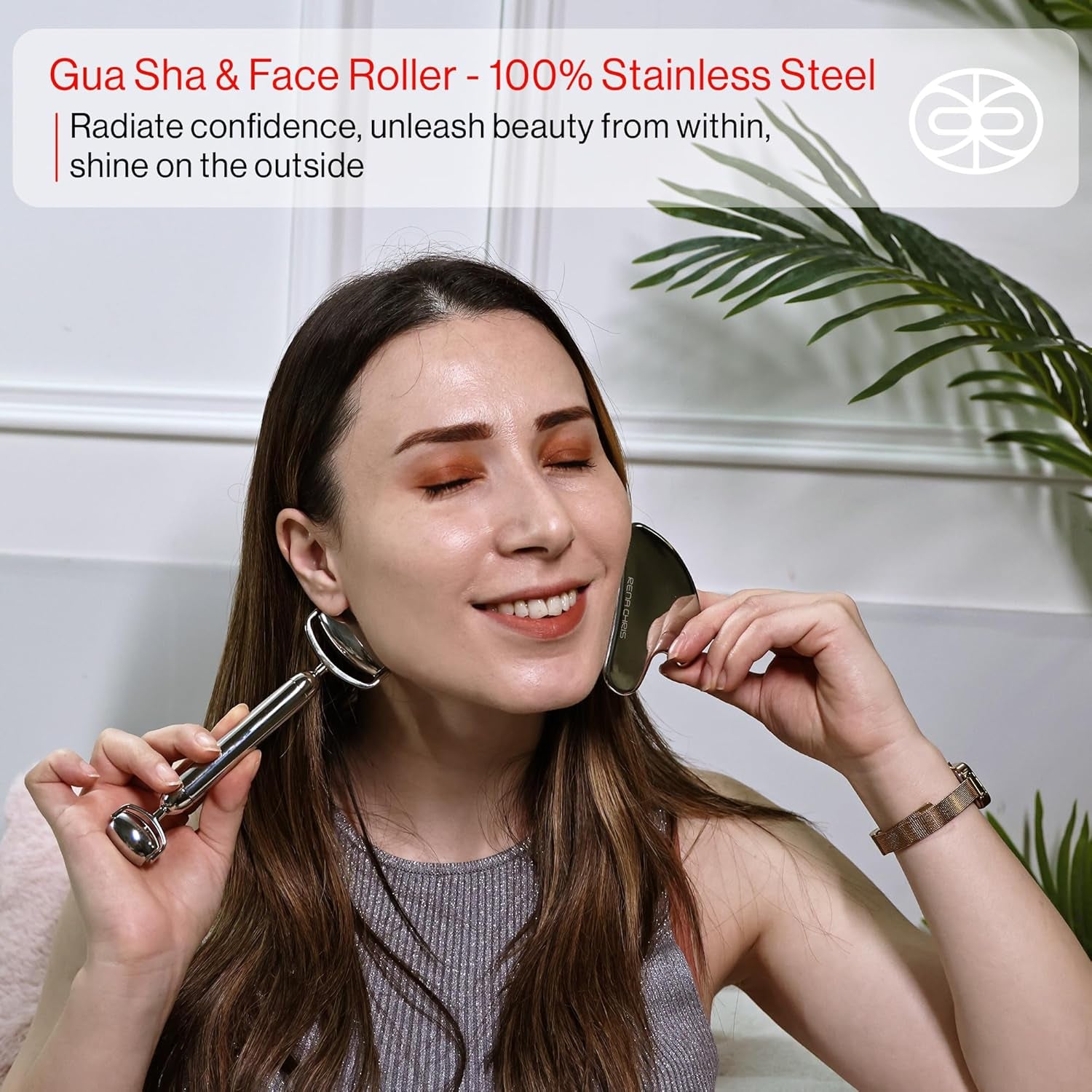 Gua Sha, Anti-Breakage Stainless Steel Face Roller and Gua Sha Set for Long-Lasting Use, Jawline Sculpting and Puffiness Reducing, Ideal for Gift and Self Care (Silver)