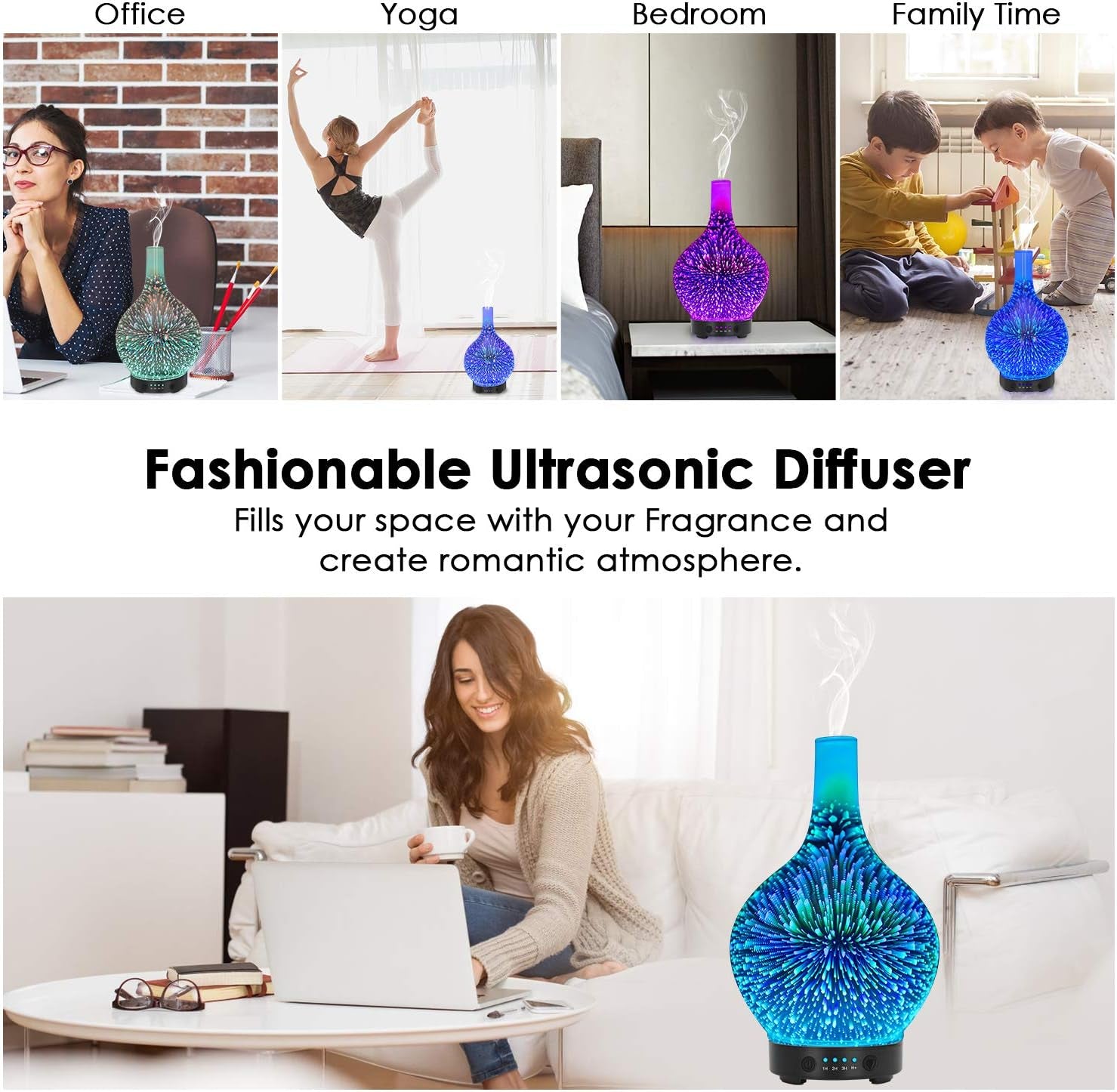 3D Glass Essential Oil Diffuser – 120ml Aroma Mist Humidifier with Color LED Lights