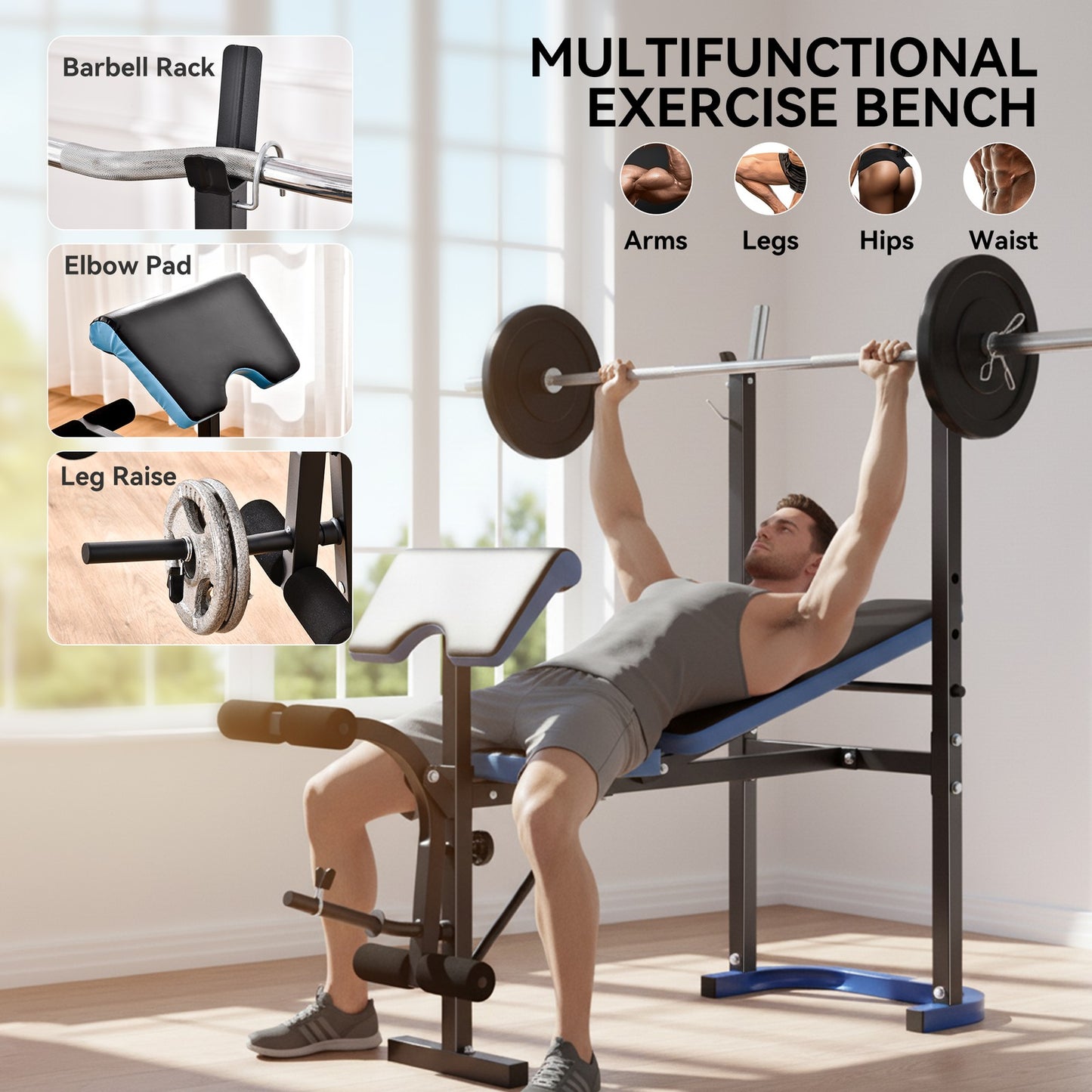 Adjustable Weight Bench with Leg Developer Barbell Rack for Home Gym Fitness