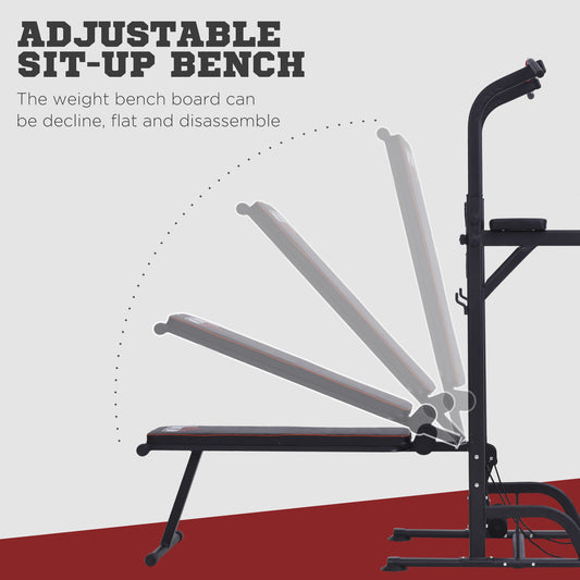 Home Workout Power Tower Dip Station W/ Sit-Up Bench Push-Up Bars Tension Ropes