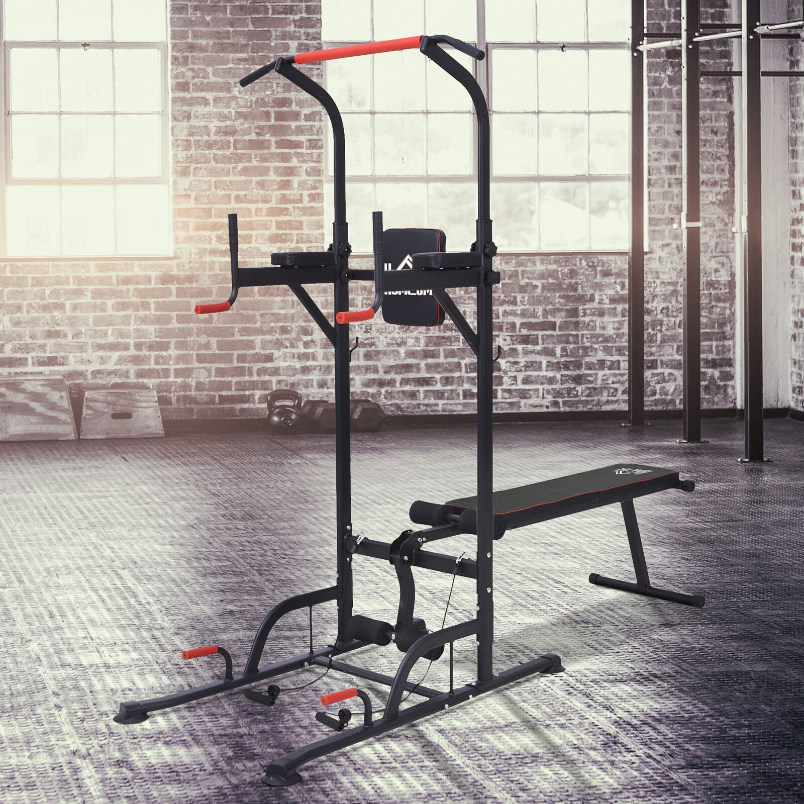 Home Workout Power Tower Dip Station W/ Sit-Up Bench Push-Up Bars Tension Ropes