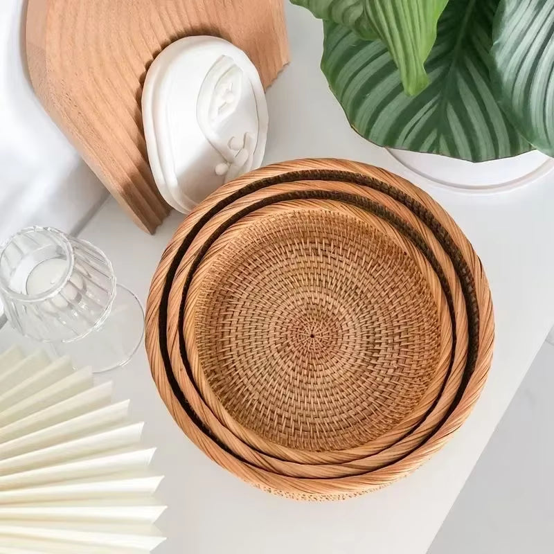 Round Rattan Woven Basket, Wicker Fruit Basket, Bread Food Kitchen Home Decor Organizer, Breadbasket for Kitchen