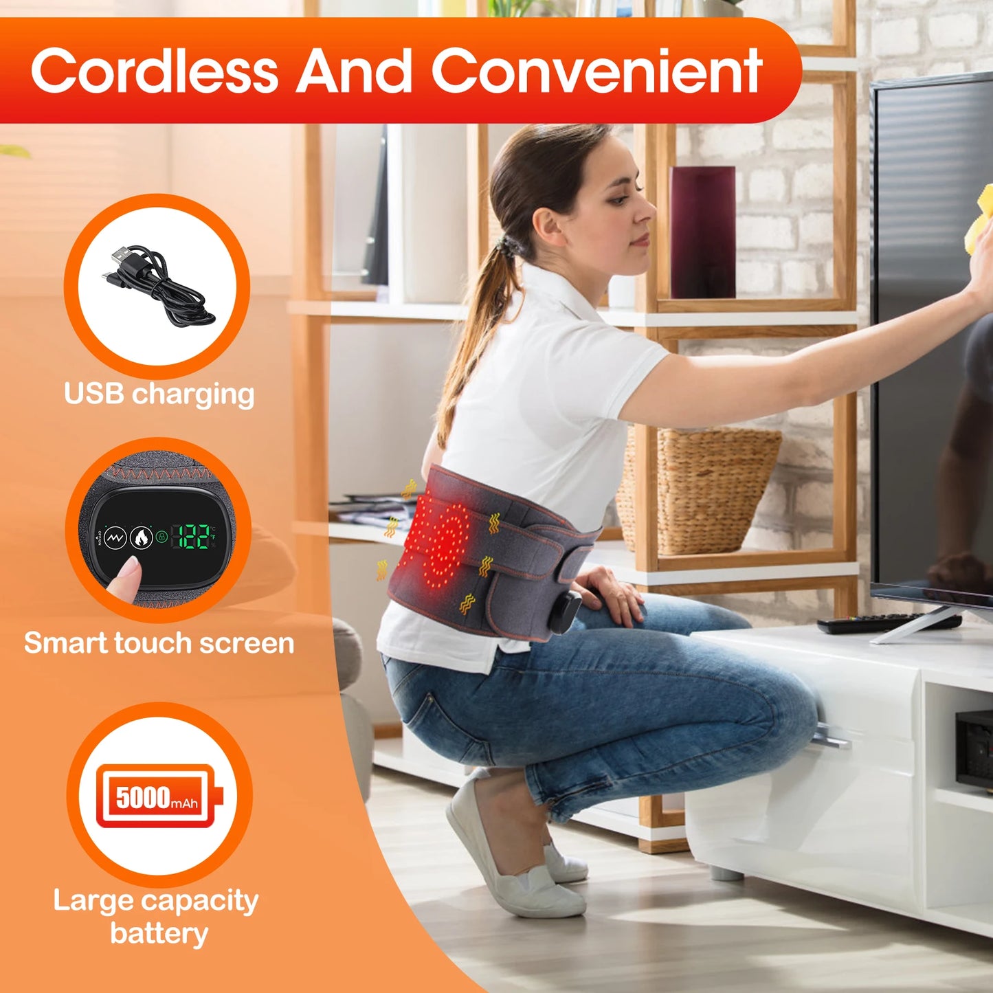 Infrared Heating Waist Massager Electric Belt Vibration USB Charge Red Light Hot Compress Lumbar Back Support Brace Relaxation