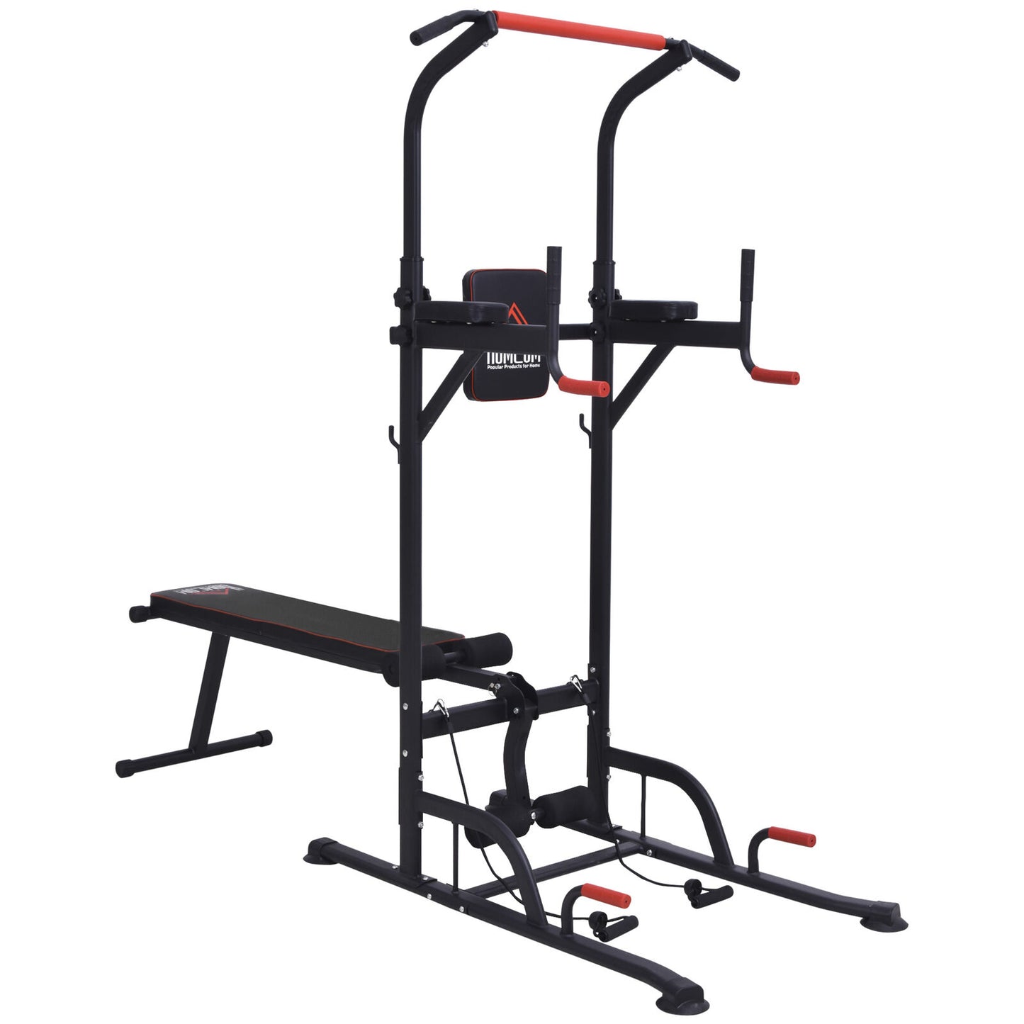 Home Workout Power Tower Dip Station W/ Sit-Up Bench Push-Up Bars Tension Ropes