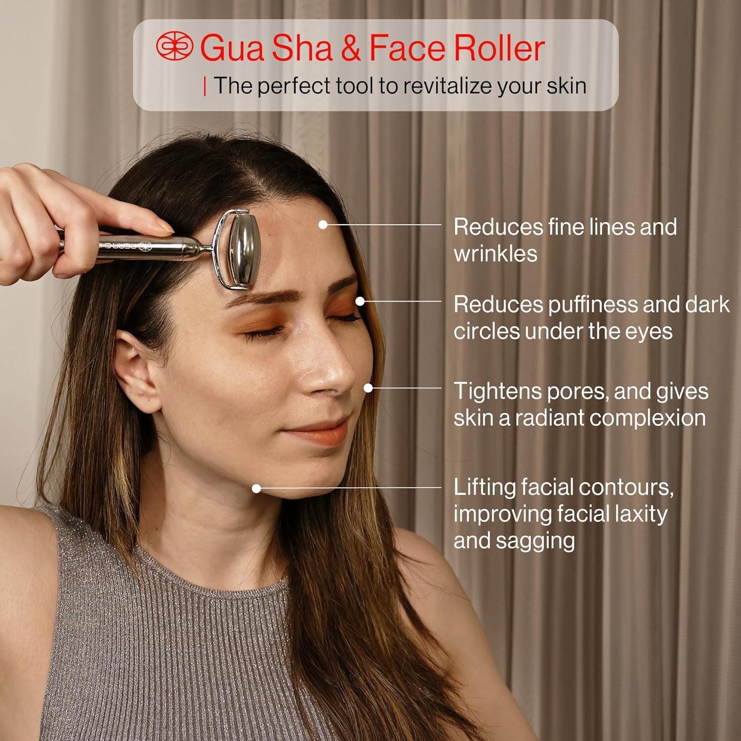 Gua Sha, Anti-Breakage Stainless Steel Face Roller and Gua Sha Set for Long-Lasting Use, Jawline Sculpting and Puffiness Reducing, Ideal for Gift and Self Care (Silver)