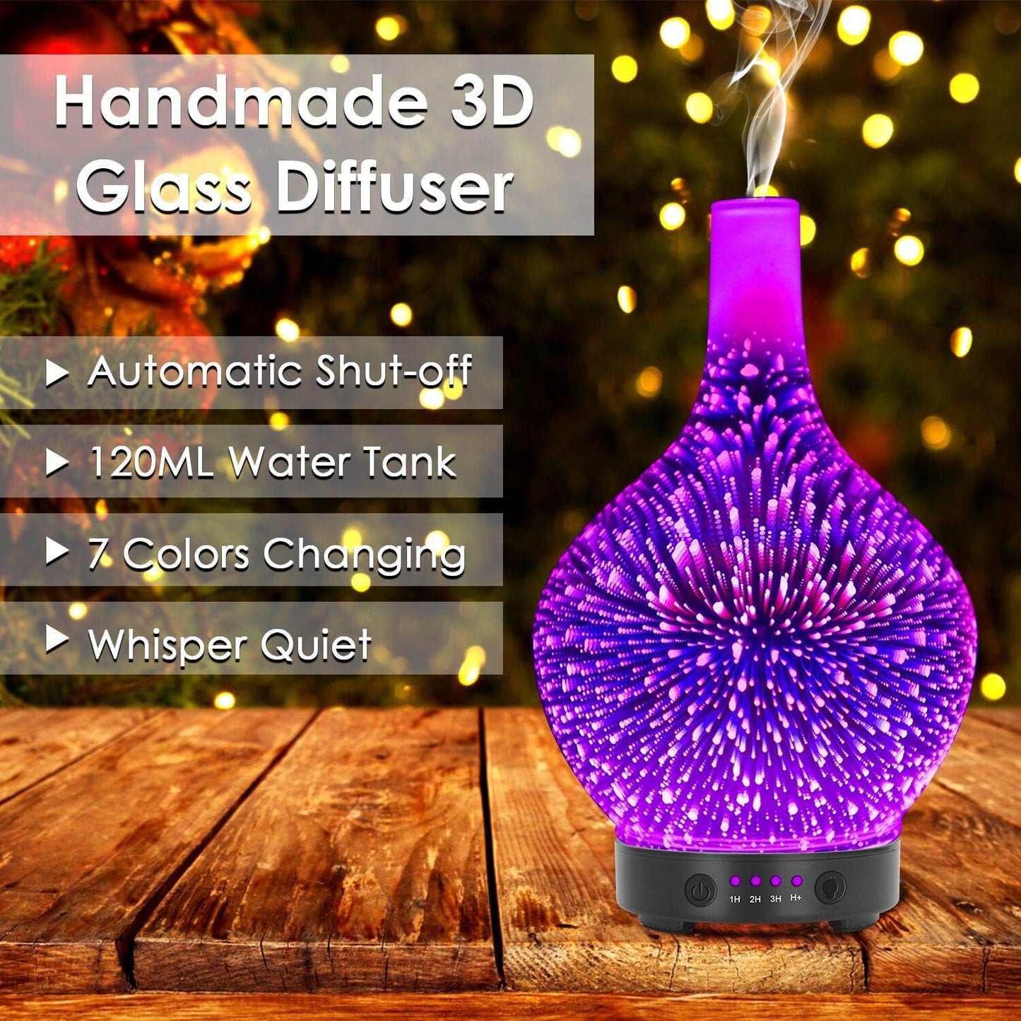 3D Glass Essential Oil Diffuser – 120ml Aroma Mist Humidifier with Color LED Lights