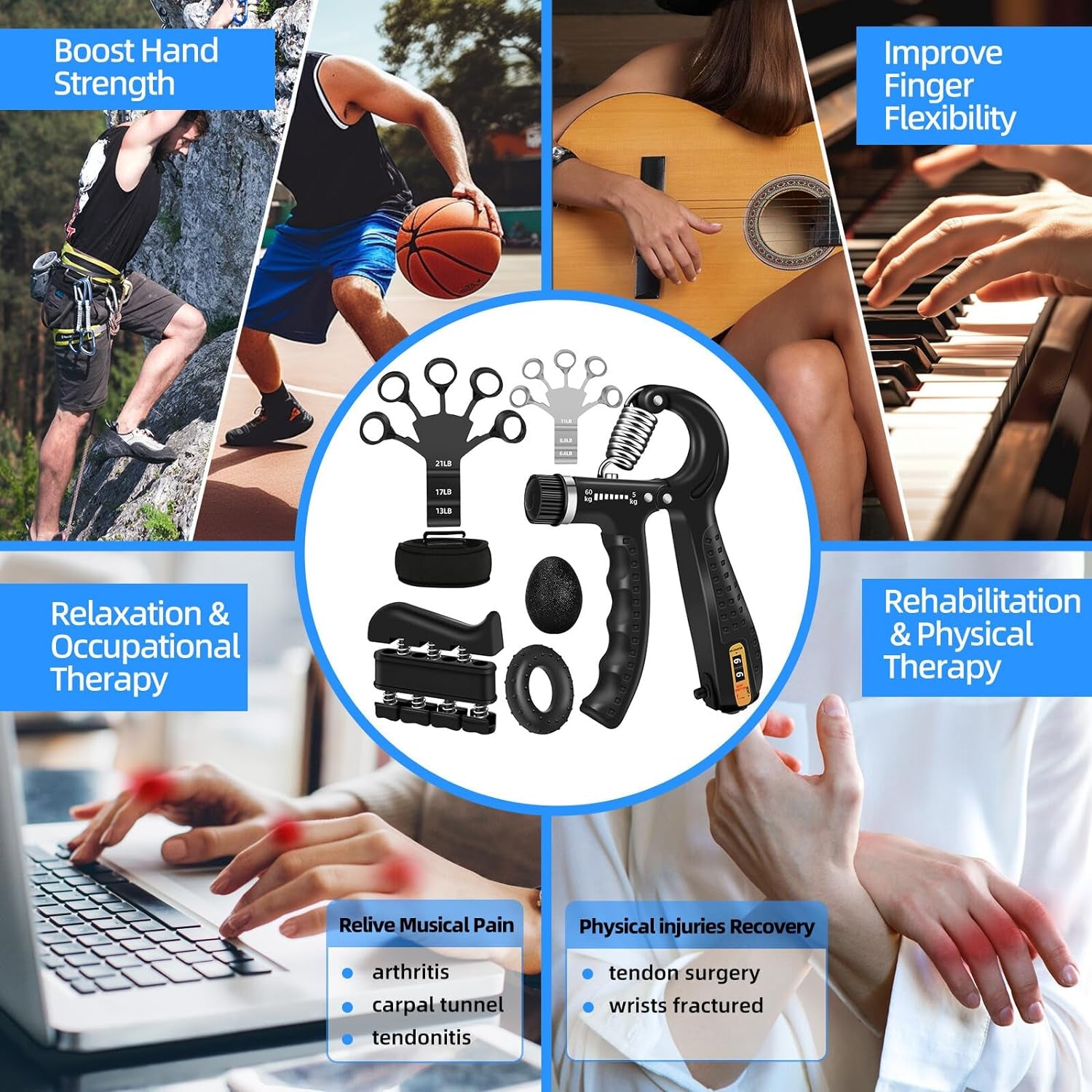 5-Piece Grip Strength Trainer Kit — Adjustable Hand & Forearm Workout Set