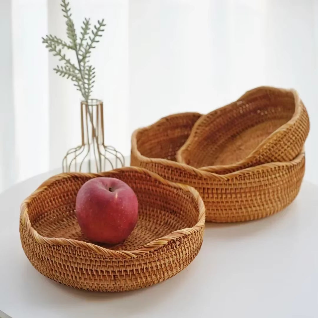 Round Rattan Woven Basket, Wicker Fruit Basket, Bread Food Kitchen Home Decor Organizer, Breadbasket for Kitchen