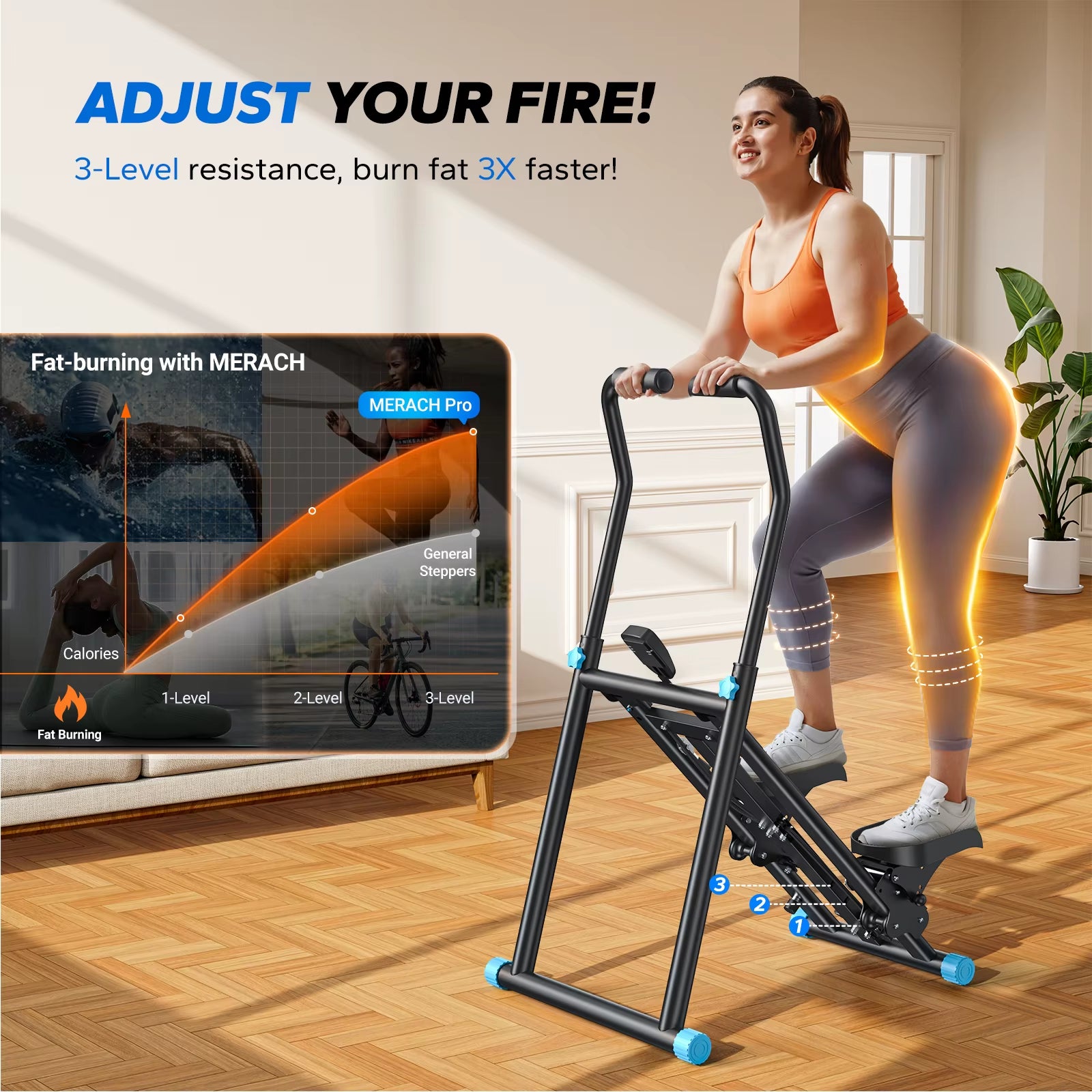 Stair Stepper New Version Vertical Compact Folding Exercise Climber with Extended Step Range Adjustable Handlebar&Pedals