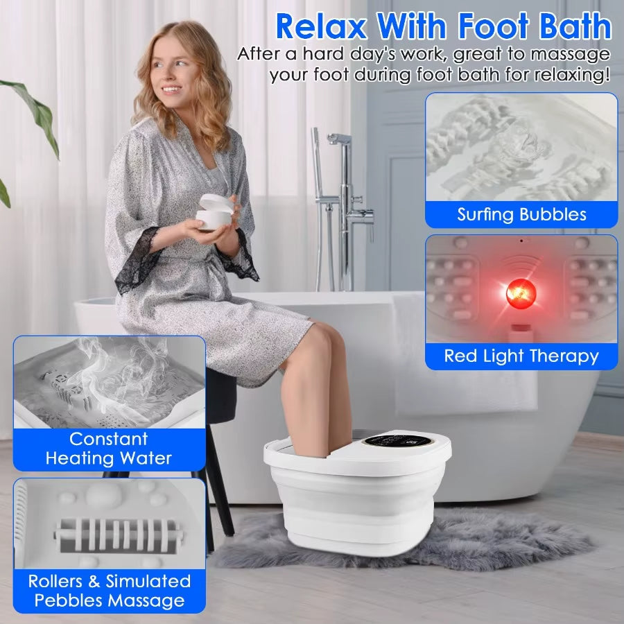 Collapsible Foot Spa Massager Electric Foldable Foot Soaker Tub with Remote Control Handle Surfing Bubbles 24 Heating Levels 6