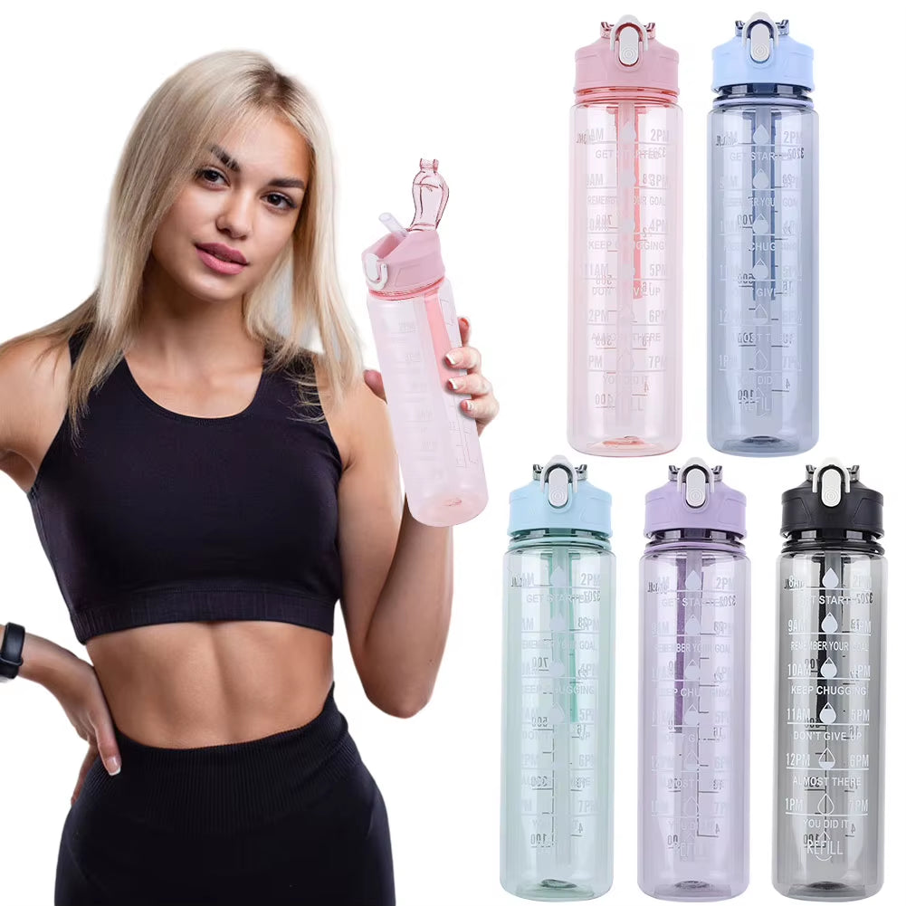 800Ml Sports Water Bottle with Straw & Handle Outdoor Travel Bottle Leakproof Motivational Drinking Bottle for Boys Girls