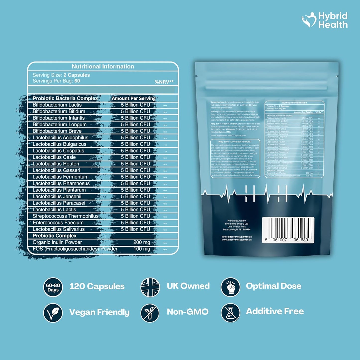 Probiotics & Prebiotics Complex | 120 Vegan Capsules | 100 Billion CFU | Advanced Strength Probiotics with 20 Diverse Strains | Pre & Probiotic for Women and Men