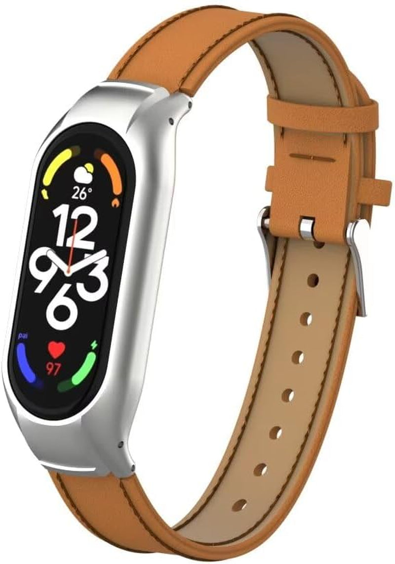 Compatible with Xiaomi Mi Band 7 Strap,Leather Replacement Band Wristband Accessories with Metal Frame for Xiaomi Mi Band 7 Smart Bracelet