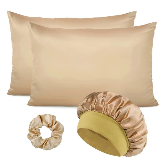 Luxury 4PCS/LOT 2 Pillowcase Hair Scrunchie Night Hat Set Fashion Imitation Silk Satin Pillowcase Sleep Set Tool Silkly Cap