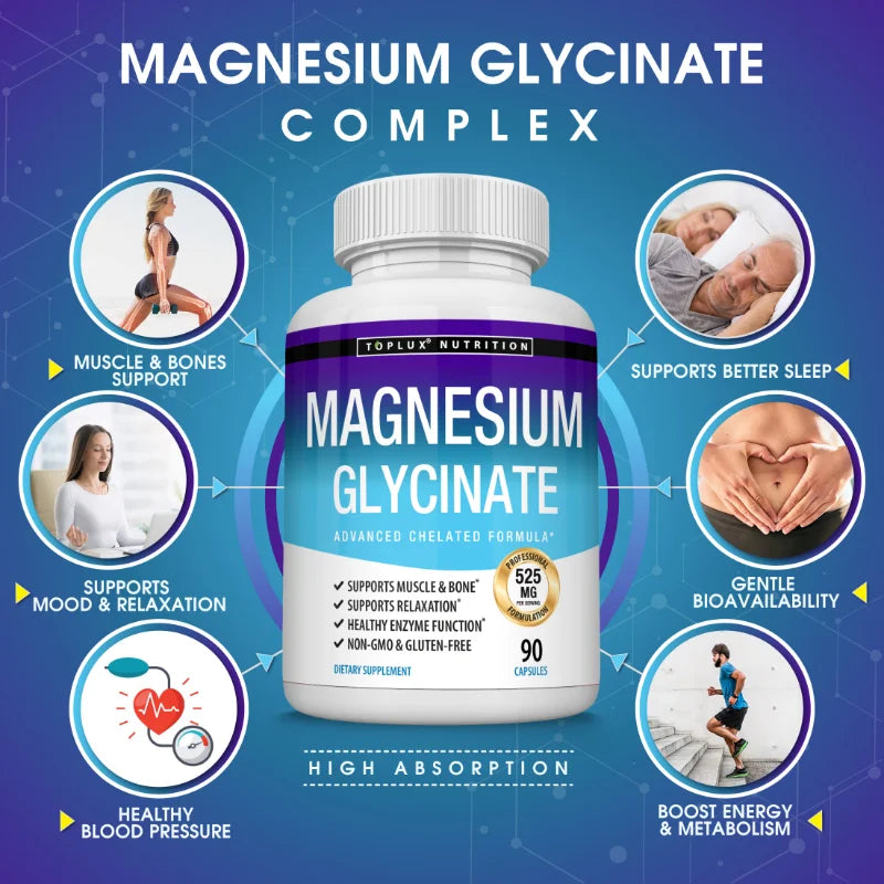 Magnesium Glycinate Complex, Highly Absorbed, Supports Muscle Relaxation and Recovery, Maximum Bioavailability, 90 Capsules